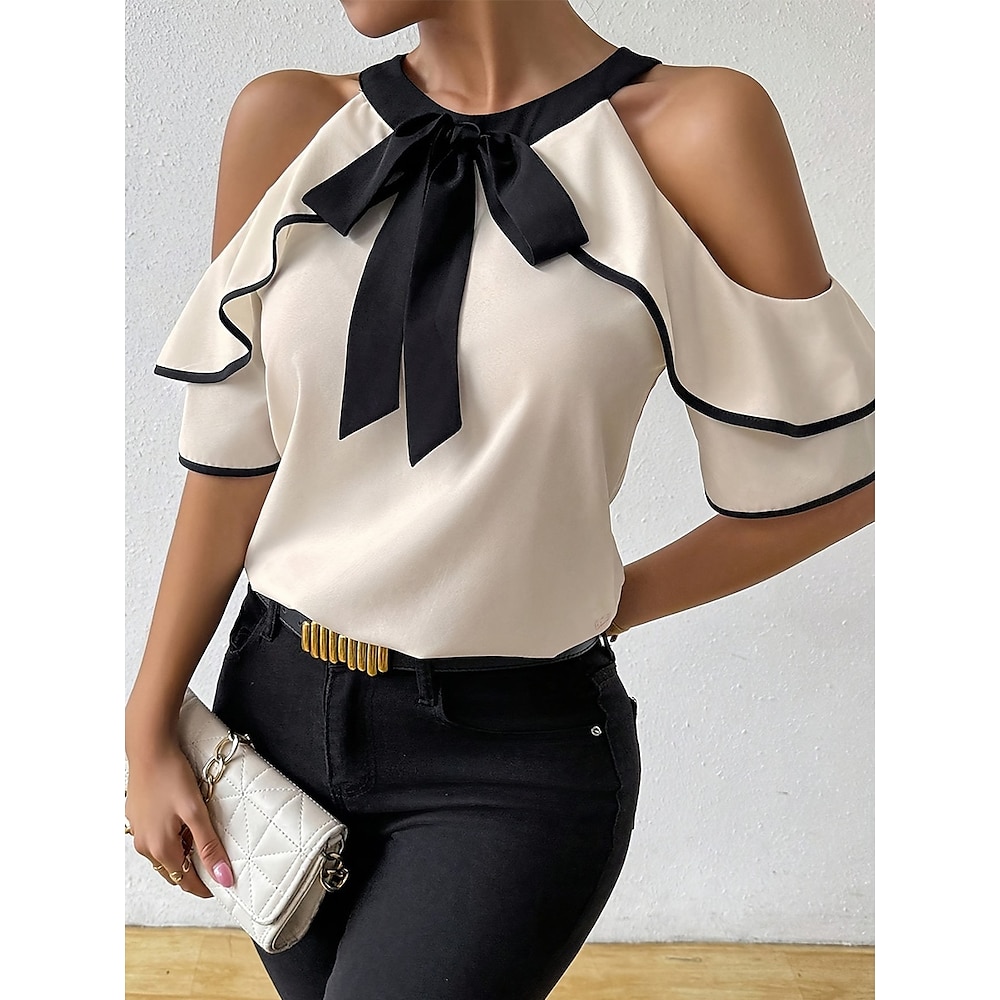 Damen Hemd Bluse Stilvoll Brautkleider schlicht Feste Farbe Normale Oberteile Kurzarm Rundhalsausschnitt Rüsche Patchwork Regular Fit Täglich Beige Sommer Frühling Lightinthebox