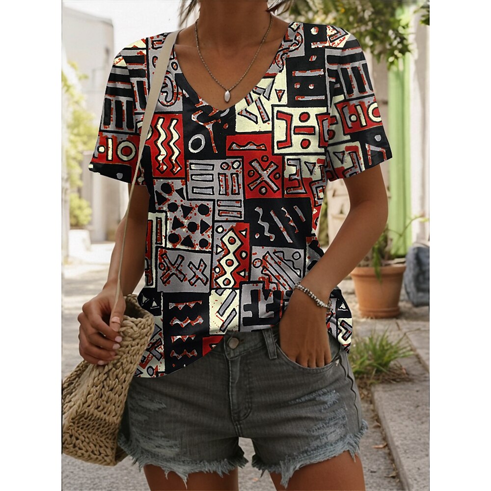 Damen T Shirt Stilvoll Brautkleider schlicht Geometrisch Vintage Normale Oberteile Kurzarm V Ausschnitt Bedruckt Regular Fit Täglich Rote Sommer Lightinthebox