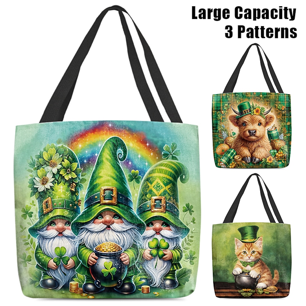 Große Tragetasche mit Motiven von St. Patrick's Day und Gnomen, Katzen und Kühen, langlebige, wiederverwendbare Einkaufs- und Geschenktasche für Damen, perfekt für Feiertage und den täglichen Gebrauch. Lightinthebox