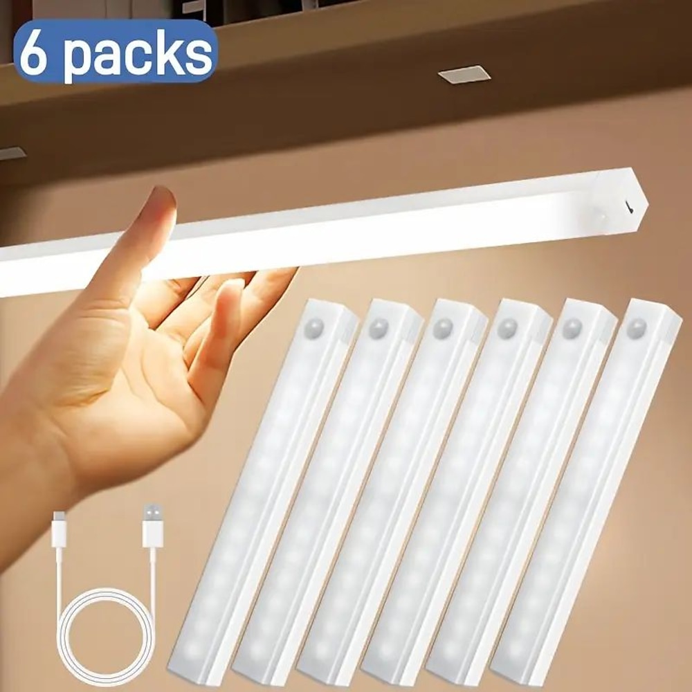 6 LED-Schrankleuchten mit Bewegungsmelder - wiederaufladbare Nachtleseleuchten per USB für Kleiderschrank, Küche, Treppe Bücherregale 20/30cm Lightinthebox