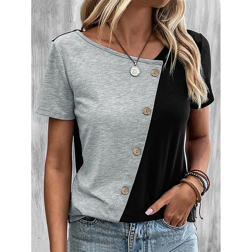 Damen T Shirt Brautkleider schlicht Normale Oberteile Kurzarm Asymmetrischer Hals Knopf Täglich Schwarz und weiss Schwarz und Grau Sommer Lightinthebox