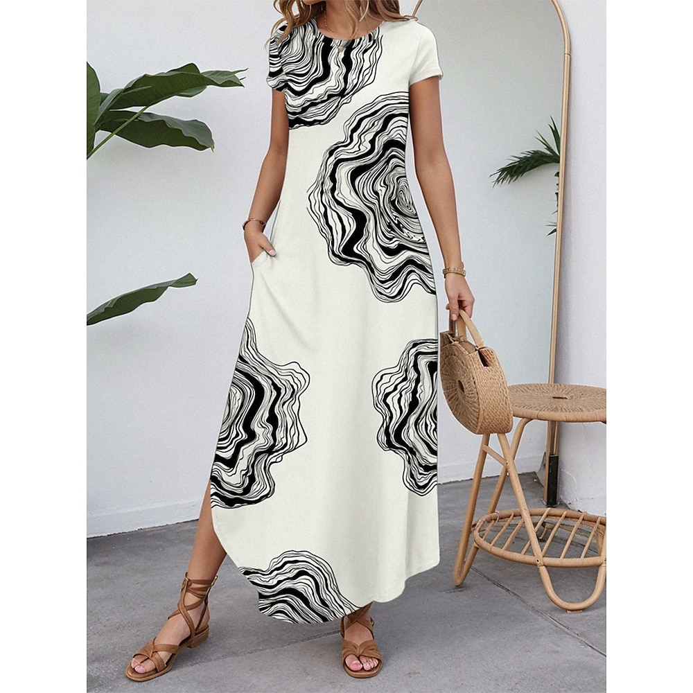 Damen Casual kleid Vintage Geometrisch Abstrakt Maxidress Kurzarm Rundhalsausschnitt Gespleisst Bedruckt Abgerundeter Saum Regular Fit Urlaub Weiß Sommer Lightinthebox