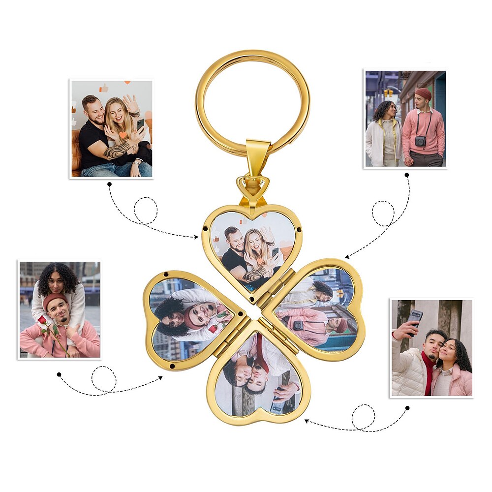 personalisierter goldener Schlüsselanhänger mit Herzanhänger - personalisierbar mit 4 Fotos - perfektes Geschenk für den Partner, ideal für Weihnachten, Valentinstag oder Muttertag Lightinthebox