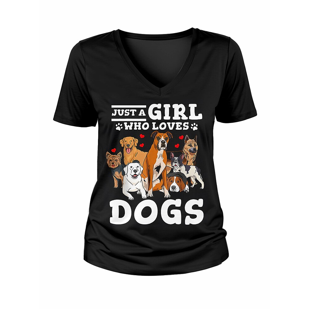 Damen T Shirt Stilvoll Brautkleider schlicht Tier Hund Buchstabe Normale Oberteile Kurzarm V Ausschnitt Bedruckt Regular Fit Täglich Schwarz Sommer Frühling Lightinthebox