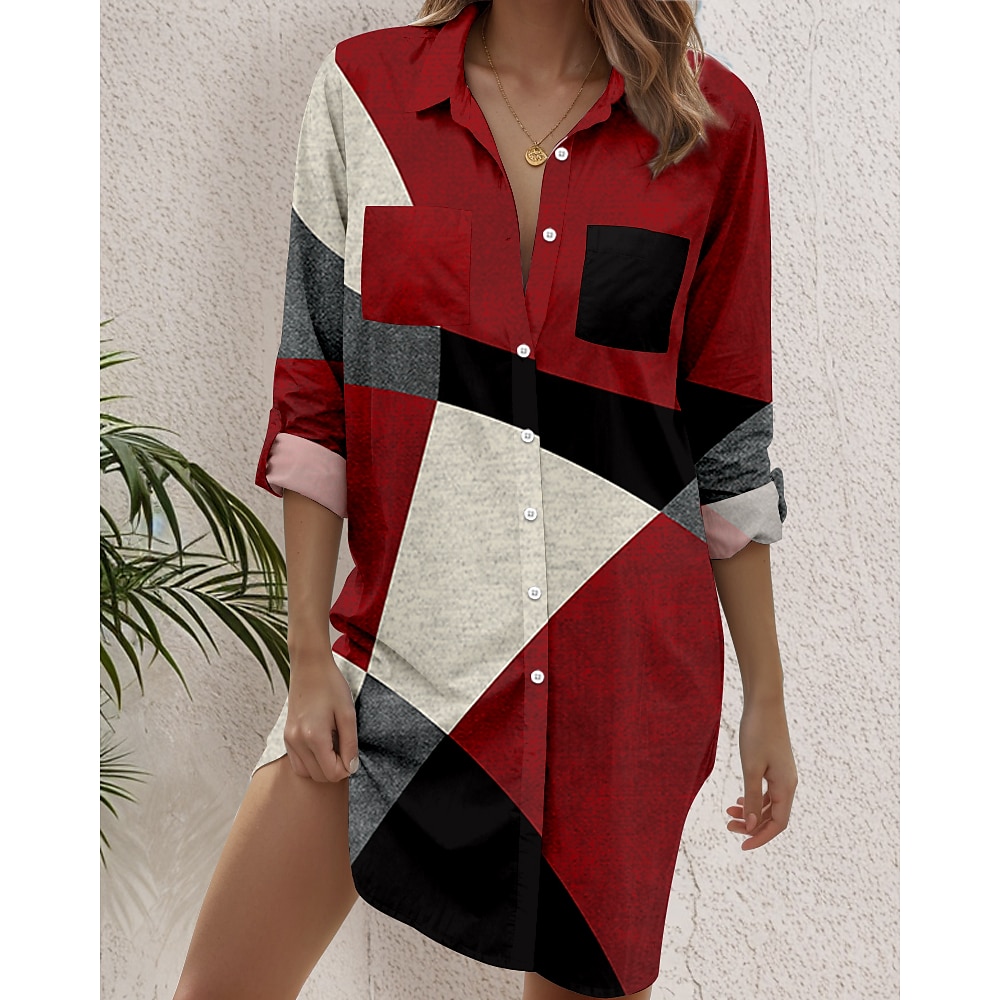 Damen Bluse Stilvoll Retro Vintage Strand Design Graphic Geometrisch Farbblock Lange Oberteile Langarm Hemdkragen Knopf Bedruckt Formschluss Wein Frühling Herbst Lightinthebox