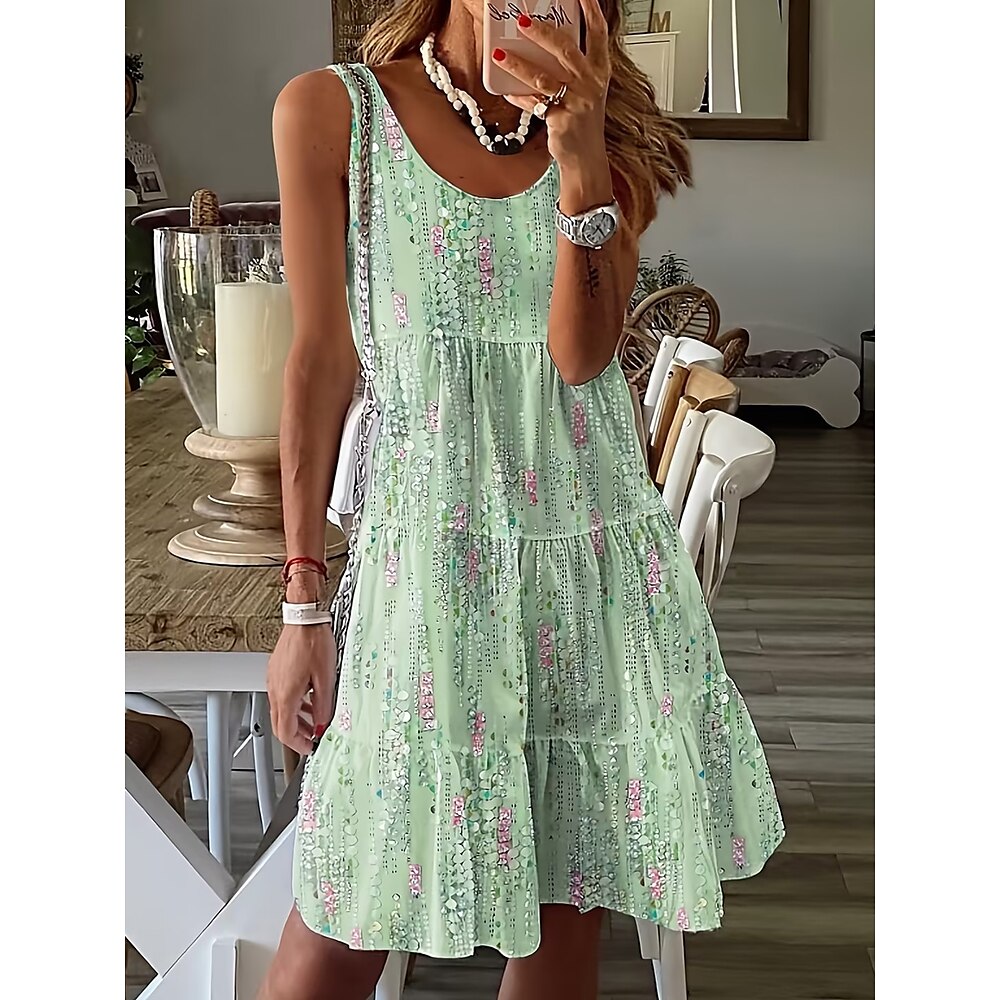 Sommerkleid für Damen, Tank-Kleid, grafischer Rüschendruck, Rundhalsausschnitt, Midikleid, tropischer Urlaub, Strand, ärmellos, Sommer, Frühling Lightinthebox