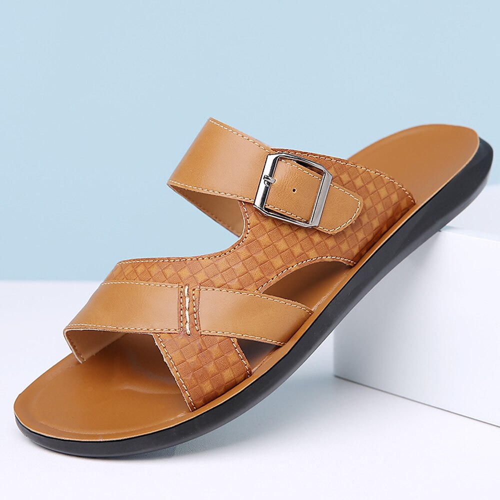 Herrensandalen aus hellbraunem Kunstleder mit Schnallenriemen - stylische Sommer-Slipper mit strukturiertem Design und rutschfester Sohle für den lässigen Outdoor-Look Lightinthebox