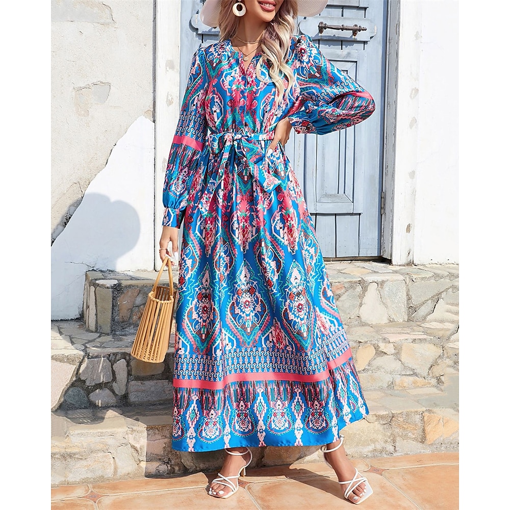 Damen Casual kleid A Linie Kleid Boho-Kleid Elegant Stilvoll Ethnisch Graphic kleid lang Langarm Laternenärmel V Ausschnitt Regular Fit Urlaub Täglich Verabredung Blau Sommer Frühling Lightinthebox