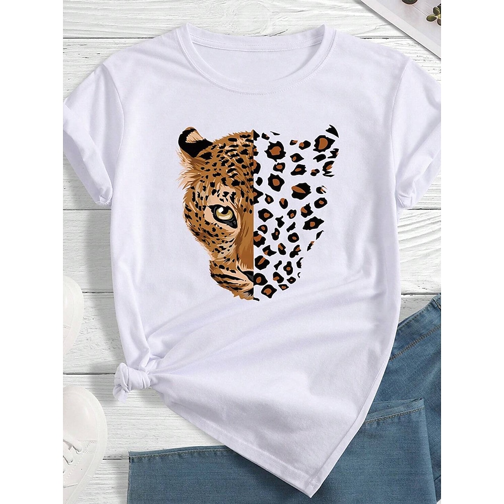 Damen T Shirt Baumwoll-Shirt Brautkleider schlicht Tier Leopard Normale Oberteile Kurzarm Rundhalsausschnitt Bedruckt Regular Fit Täglich Weiß Sommer Lightinthebox