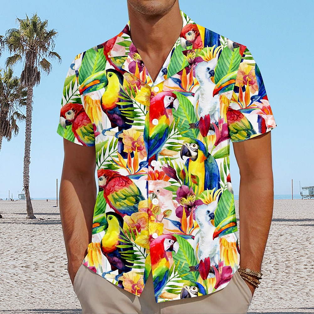 Herren Blatt Papagei Strandhemd Aloha-Shirt Kurzarm Hawaiianisch Urlaub Sommer Frühling Kubanisches Halsband Knopf hoch Grün Lightinthebox