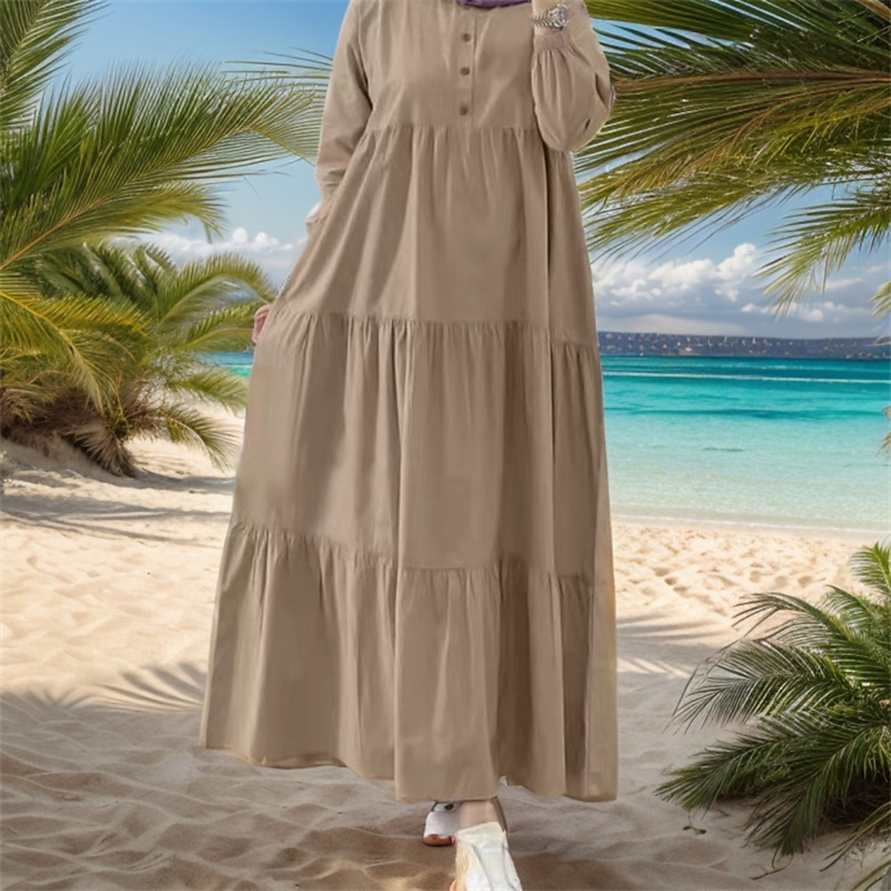 Damen blusenkleid Casual kleid Baumwoll-Leinenkleid Stilvoll Brautkleider schlicht Glatt kleid lang Langarm Rundhalsausschnitt Knopf Regular Fit Urlaub Täglich Verabredung Schwarz Rosa Khaki Sommer Lightinthebox