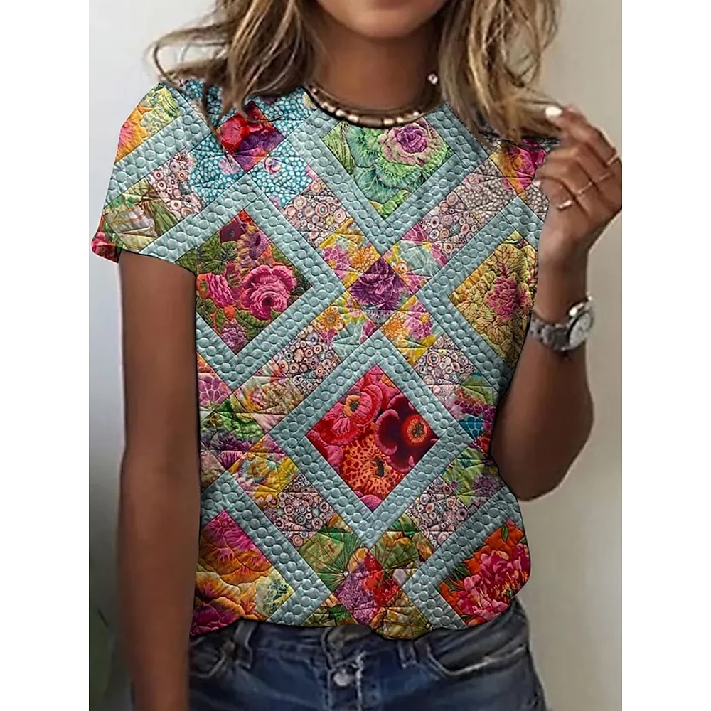 Damen T Shirt Blumen Geometrisch Brautkleider schlicht Kurzarm Rundhalsausschnitt Normale Oberteile Täglich Bedruckt Blau Sommer Lightinthebox