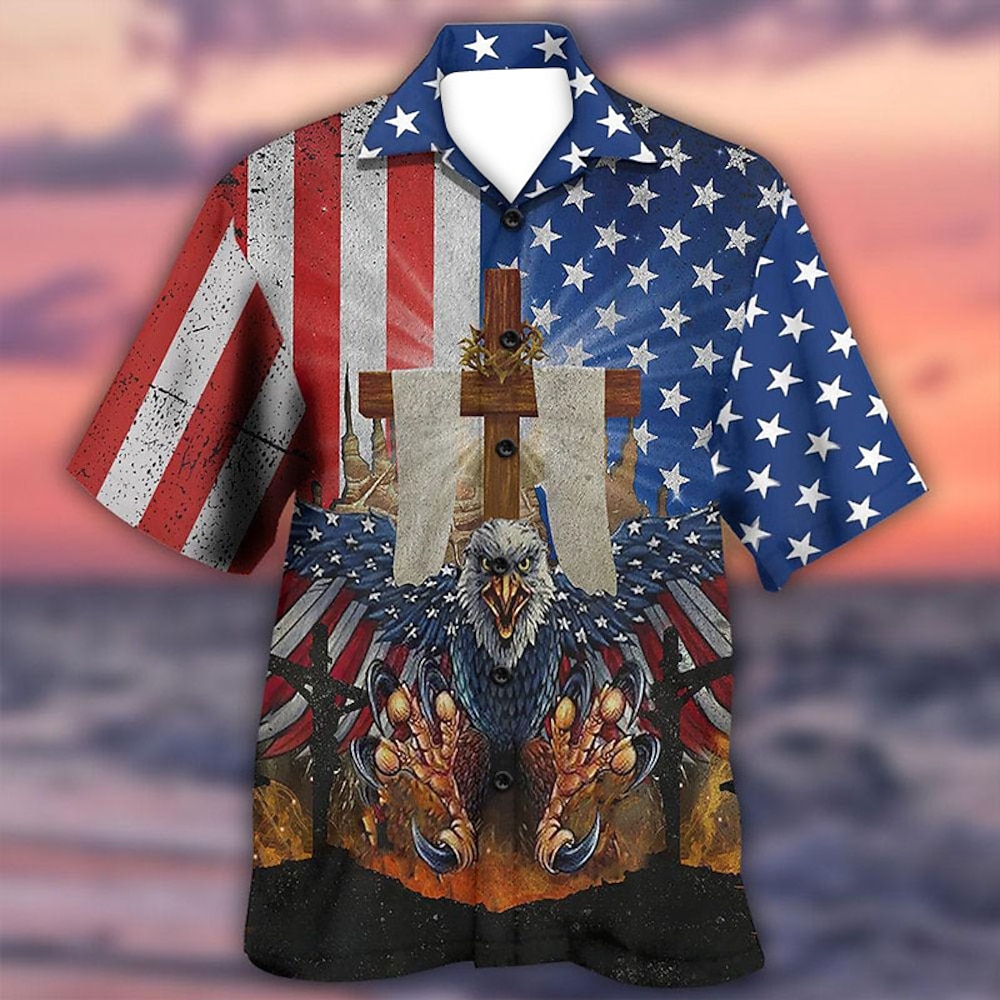 Amerikanischer Unabhängigkeitstag Herren Adler Amerikanische Flagge Hemd Knopfhemd Kurzarm Tropisch Modisch Hawaiianisch Casual Festtage Strand Sommer Frühling Umlegekragen Bedruckt Button-Down Lightinthebox