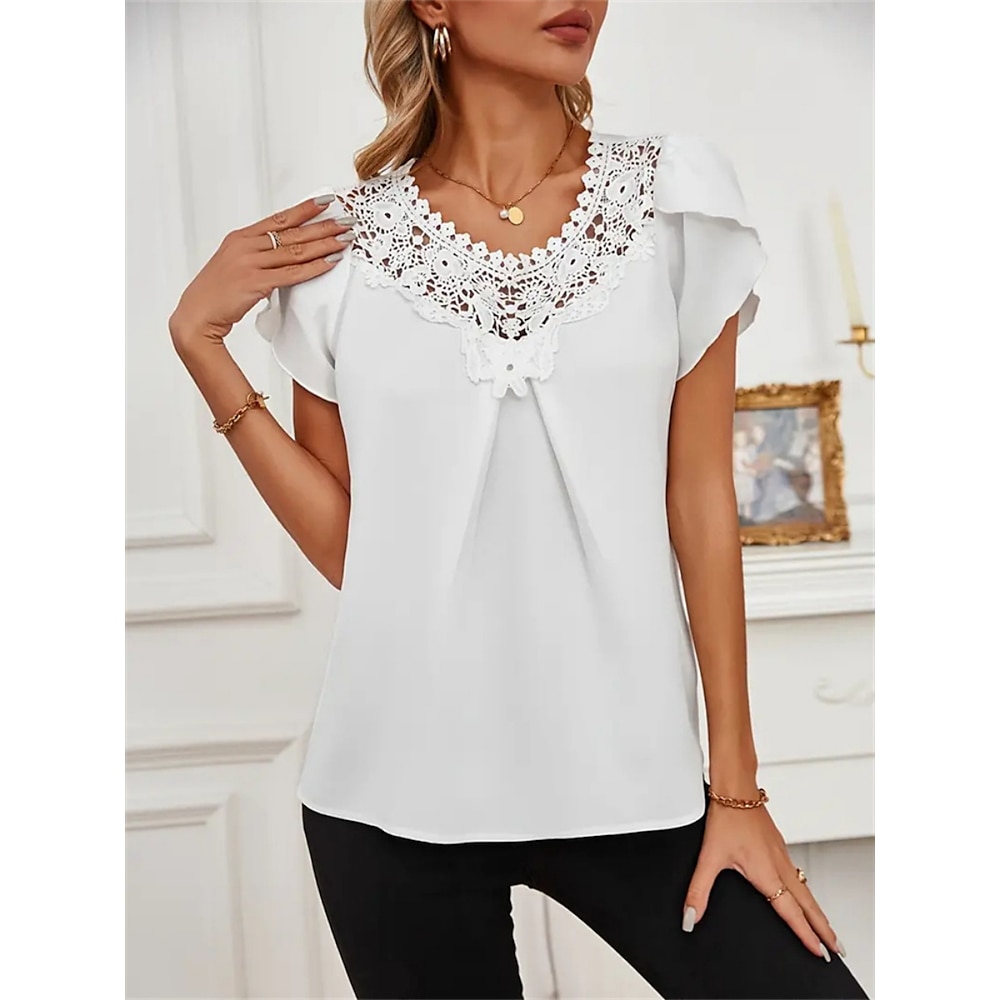 Damen T Shirt Glatt Modisch Modern Brautkleider schlicht Kurzarm Rundhalsausschnitt Normale Oberteile Täglich Wochenende Spitze Patchwork Weiß Sommer Frühling Lightinthebox