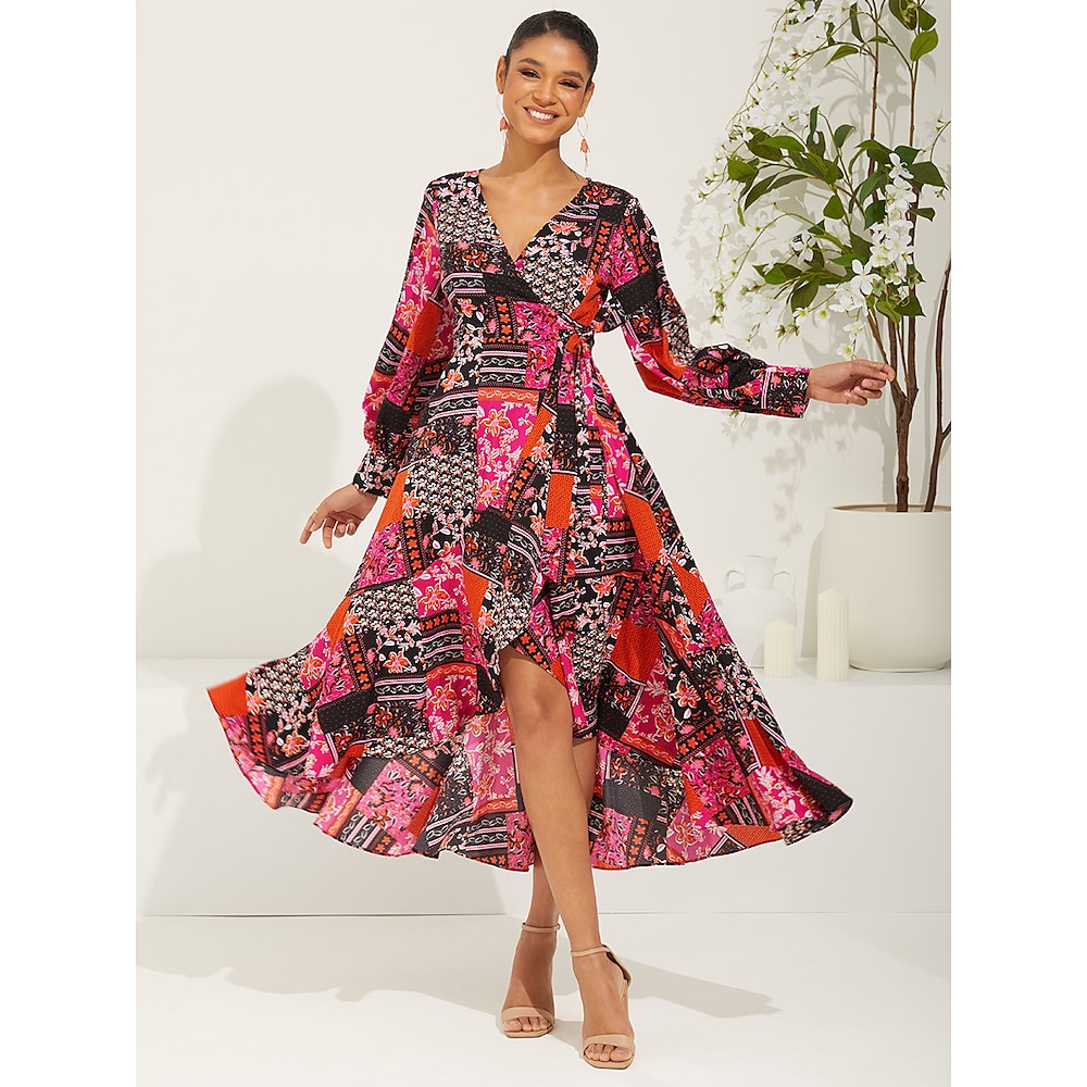 Damen Normal Boho Chic Kleider Böhmen Ethnisch Blumen Graphic kleid lang Langarm Bischof V Ausschnitt Rüschensaum Regular Fit seidigDressesUrlaub Rosa Frühling Herbst Lightinthebox