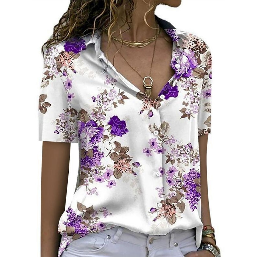 Damen Hemd Bluse Stilvoll Brautkleider schlicht Blumen Normale Oberteile Kurzarm Hemdkragen Knopf Bedruckt Regular Fit Täglich Blau Purpur Grün Sommer Frühling Lightinthebox