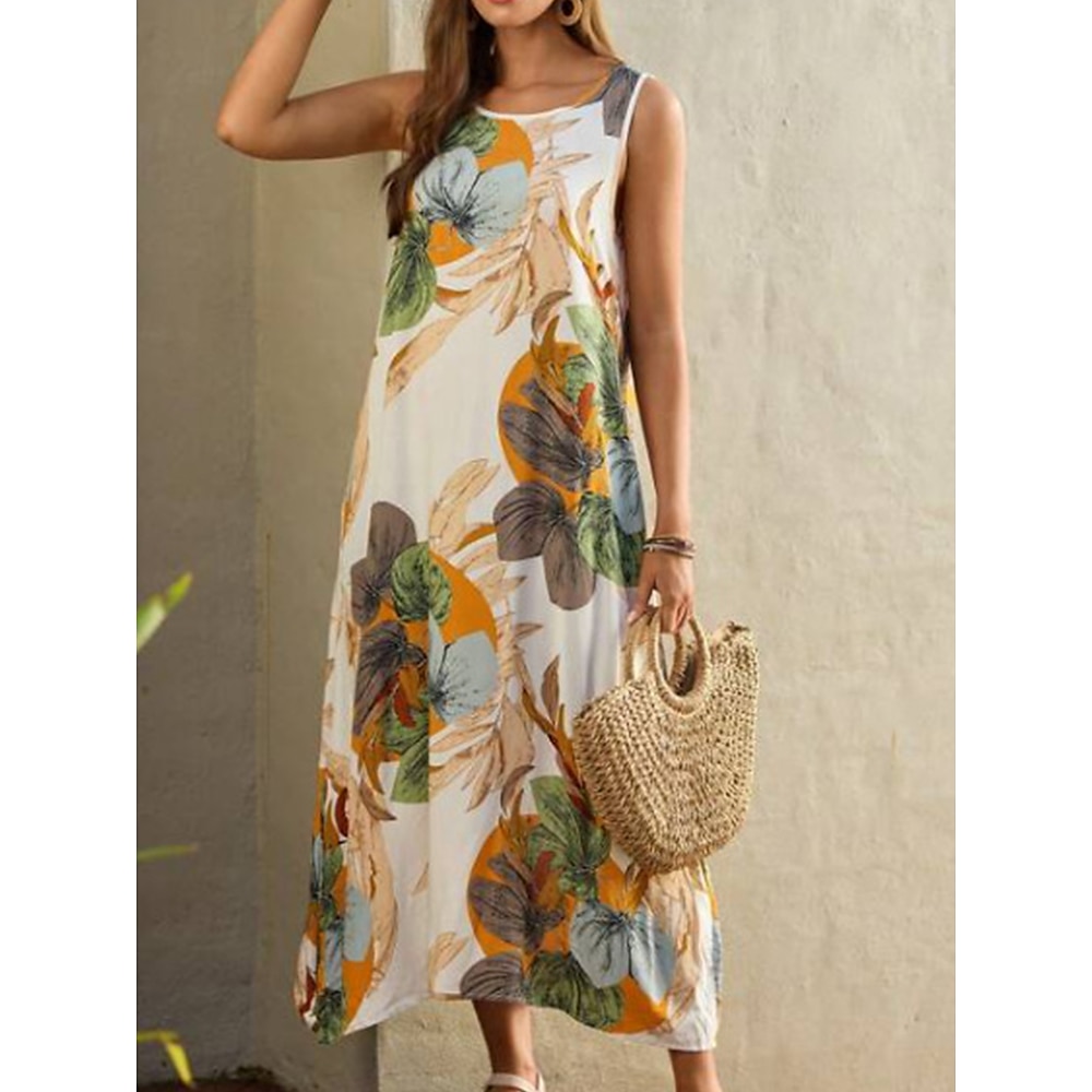 Damen Casual kleid A Linie Kleid Sommerkleid Stilvoll Brautkleider schlicht Blumen Maxidress Ärmellos Rundhalsausschnitt Bedruckt Regular Fit Urlaub Täglich Schwarz Gelb Dunkelblau Beige Sommer Lightinthebox