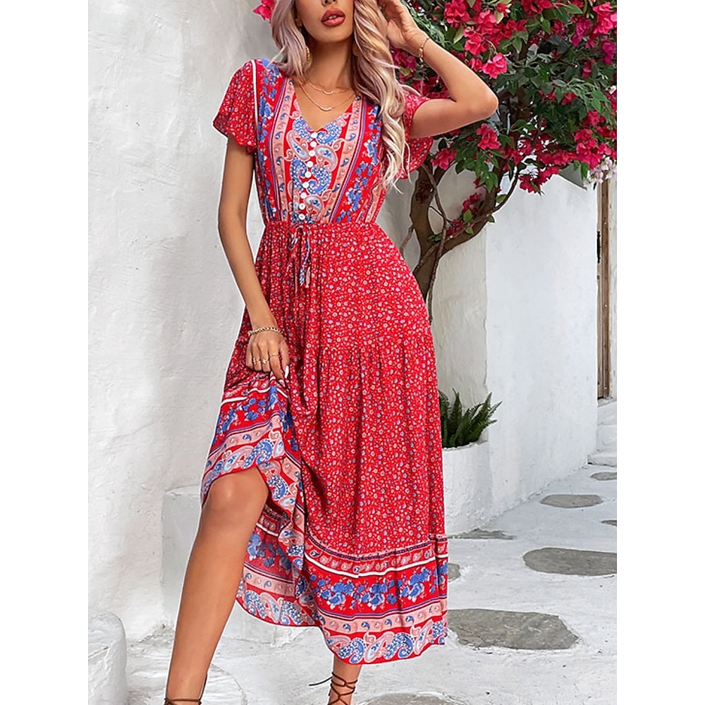 Damen Casual kleid Boho Chic Kleider A Linie Kleid Böhmen Brautkleider schlicht Boho Blumen Maxidress Kurzarm V Ausschnitt Bedruckt Lockere Passform Urlaub Täglich Strand Rote Sommer Frühling Lightinthebox