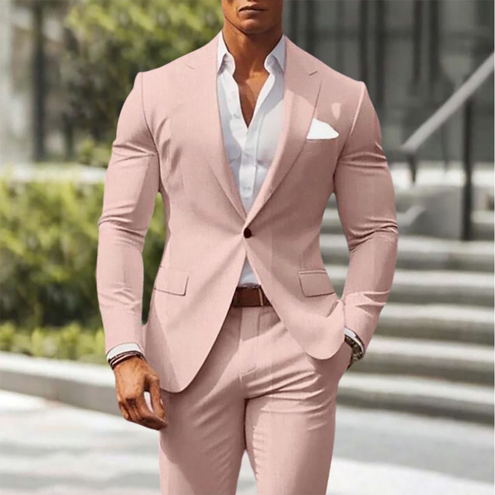 Herren Hochzeit Casual Leinenanzüge Suits erbsengrün Rosa Einfarbig Weite Passform 2-teiliges Set Einreiher - 1 Knopf Lightinthebox