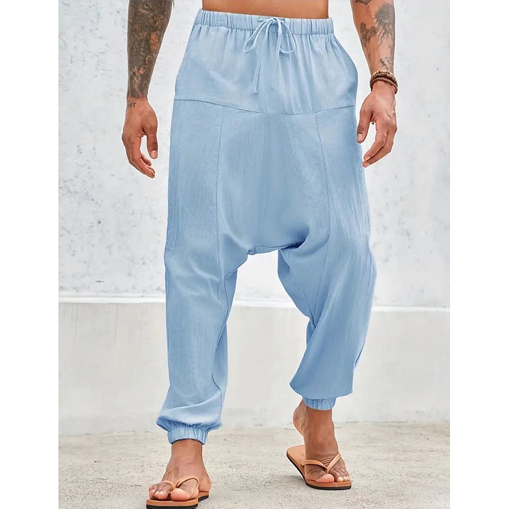 Herren Leinenhose Hose Hosen Sommerhosen Schlabberhose Haremshose Kordelzug Elastische Taille Glatt Komfort Atmungsaktiv In voller Länge Yoga Täglich Festtage Modisch Klassicher Stil Weiß Marineblau Lightinthebox