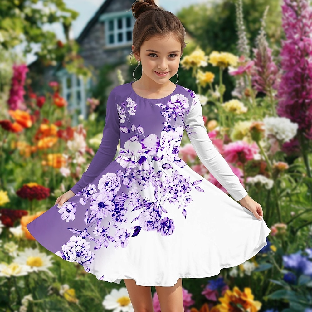 Mädchen' 3D Blumen Graphic Kleid Langarm Sommer Frühling Urlaub Täglich Festtage Prinzessin Schön Süß kinderkleidung 4-12 Jahre Casual kleid A Linie Kleid Knielang Regular Fit Lightinthebox