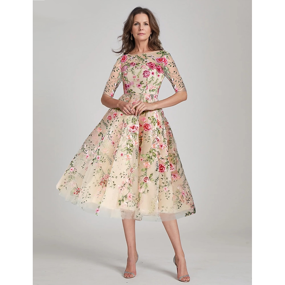 A-Linie Kleid Brautmutterkleid Elegant Vintage V Ausschnitt Knöchellänge Tee-Länge Tüll Halbe Ärmel mit Stickerei Applikationen Blume 2024 Lightinthebox