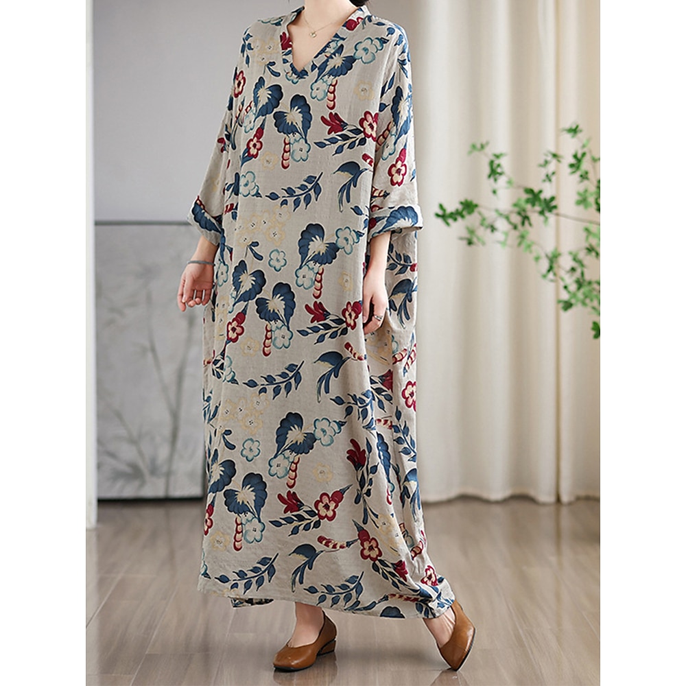 Damen Casual kleid Baumwoll-Leinenkleid A Linie Kleid Basic Brautkleider schlicht Blumen Maxidress Langarm V Ausschnitt Knopf Tasche Kordelzug Regular Fit Urlaub Täglich Grau Sommer Lightinthebox