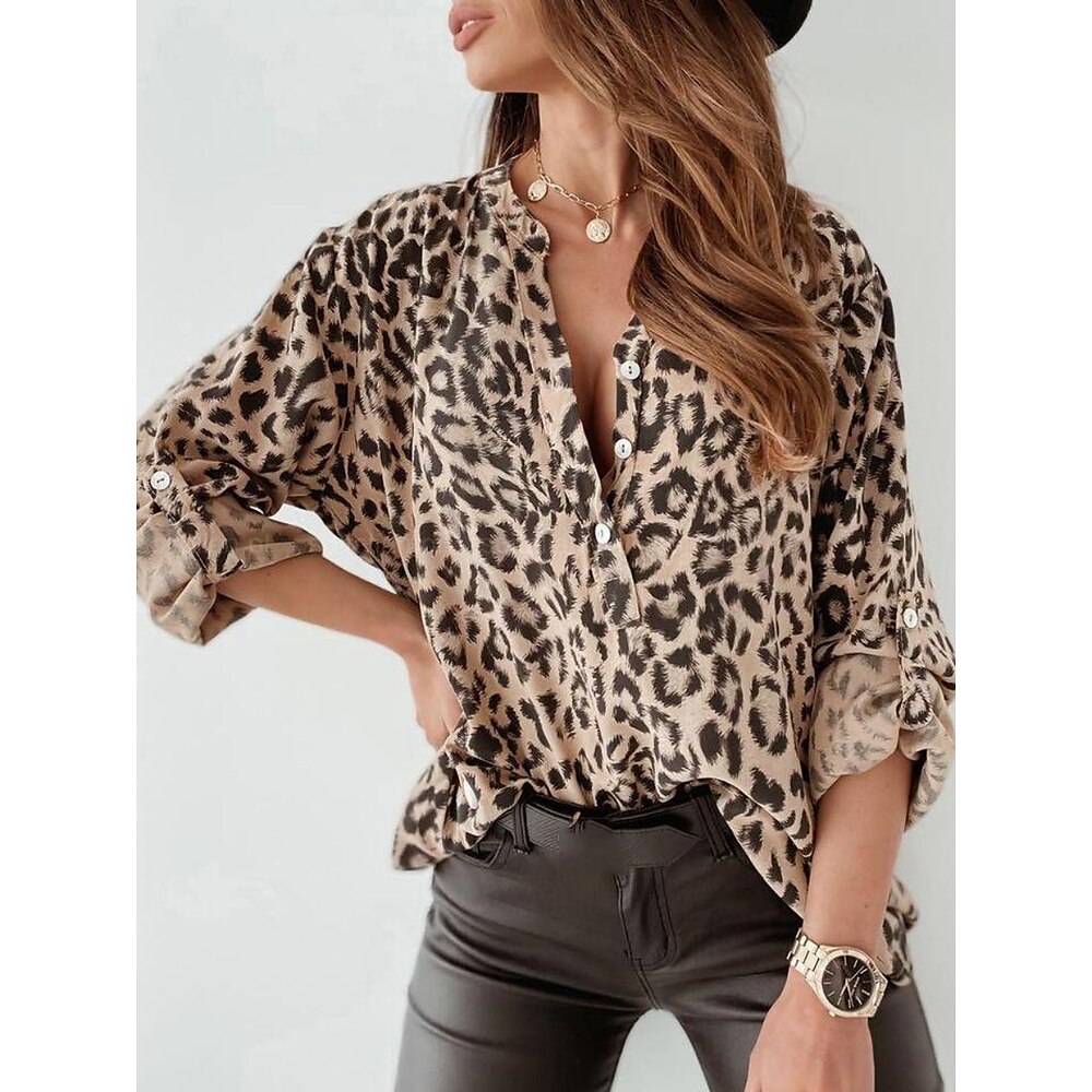 Damen Hemd Bluse Stilvoll Brautkleider schlicht Leopard Normale Oberteile Langarm Stehkragen Knopf Bedruckt Regular Fit Täglich Silber Gelb Beige Sommer Frühling Lightinthebox