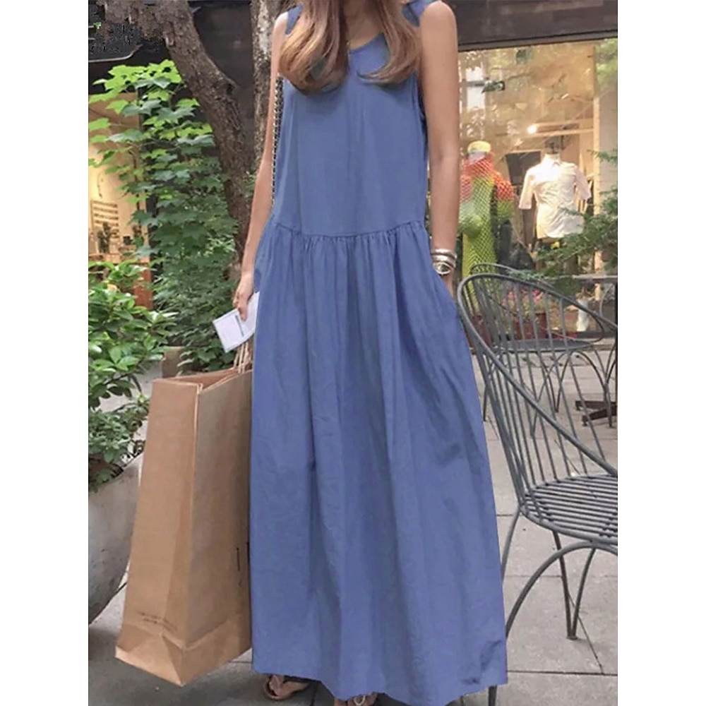 Damen Casual kleid Baumwoll-Leinenkleid Elegant Vintage Stilvoll Glatt Maxidress Ärmellos Rundhalsausschnitt Patchwork Tasche Lockere Passform Urlaub Täglich Verabredung Marineblau Blau Sommer Lightinthebox