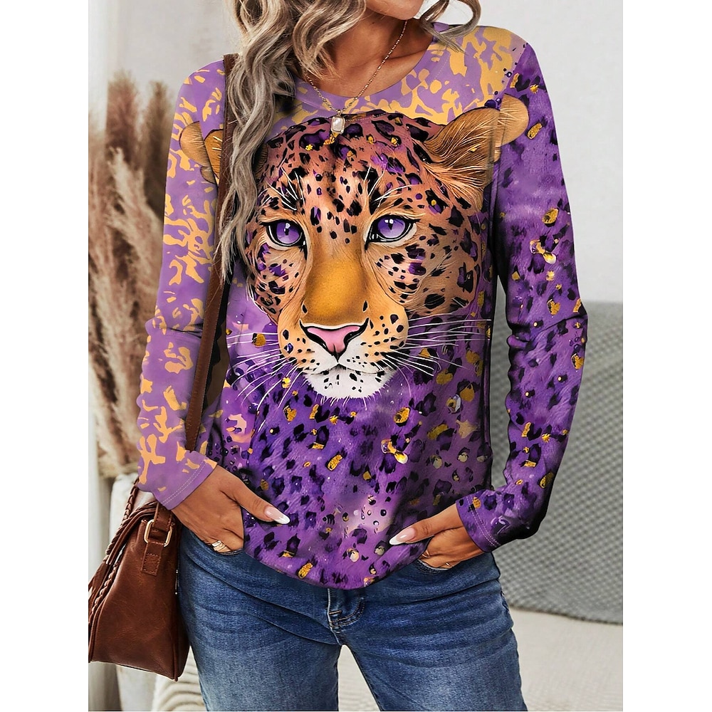 Damen T Shirt Brautkleider schlicht Tier Leopard Normale Oberteile Langarm Rundhalsausschnitt Bedruckt Regular Fit Täglich Purpur Frühling Herbst Lightinthebox