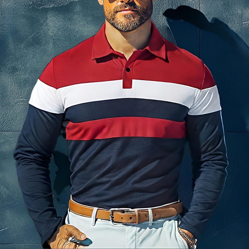 Herren Poloshirts zum Suchbegriff: Rugby Golfhemd Arbeit Casual Kargen Langarm Basic Modern Farbblock Patchwork Knopf Frühling Herbst Regular Fit Gelb Rote Marineblau Poloshirts zum Suchbegriff Lightinthebox