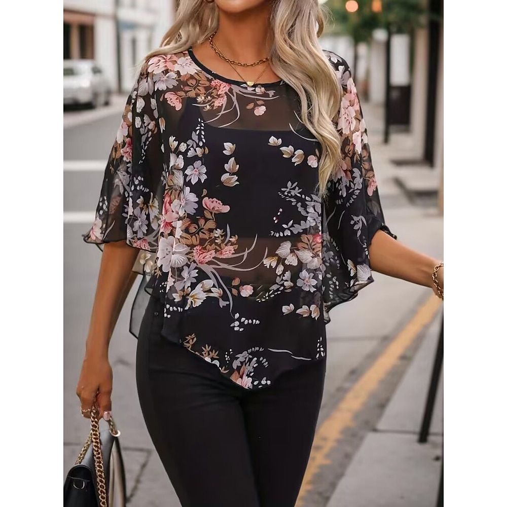 Damen Hemd Bluse Stilvoll Brautkleider schlicht Blumen Normale Oberteile 3/4 Ärmel Rundhalsausschnitt Gitter Bedruckt Regular Fit Täglich Schwarz Sommer Lightinthebox