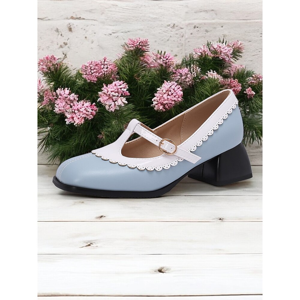 blaue Mary-Jane-Pumps mit T-Riemen für Damen, gewellten Kanten und klobigem Blockabsatz - süße und stylische Schuhe für die Freizeit und die Arbeit Lightinthebox