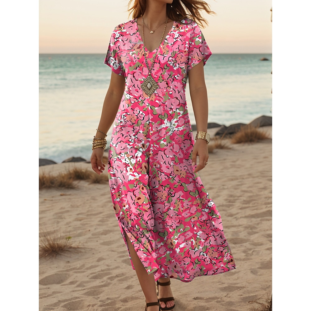 Damen Casual kleid A Linie Kleid Stilvoll Brautkleider schlicht Blumen Maxidress Kurzarm V Ausschnitt Bedruckt Regular Fit Urlaub Täglich Rosa Frühling Herbst Lightinthebox