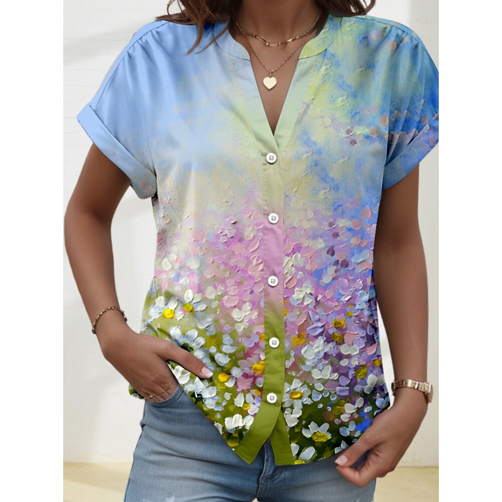 Damen Bluse Stilvoll Strand Design Blumen Graphic Normale Oberteile Kurzarm Hemdkragen Knopf Bedruckt Formschluss Täglich Blau Frühling Herbst Lightinthebox