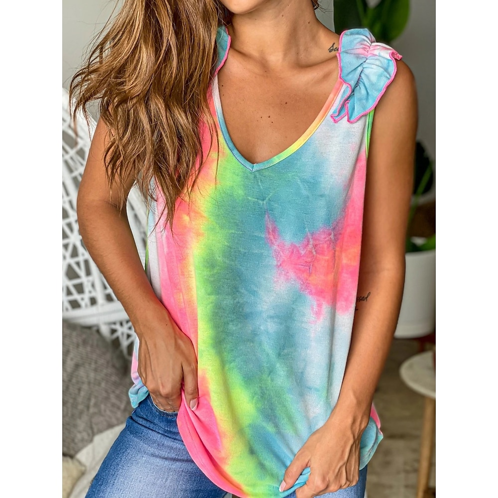 Damen Hemd Bluse Stilvoll Brautkleider schlicht Batik Normale Oberteile Ärmellos Gurt Bedruckt Regular Fit Täglich Regenbogen Sommer Frühling Lightinthebox