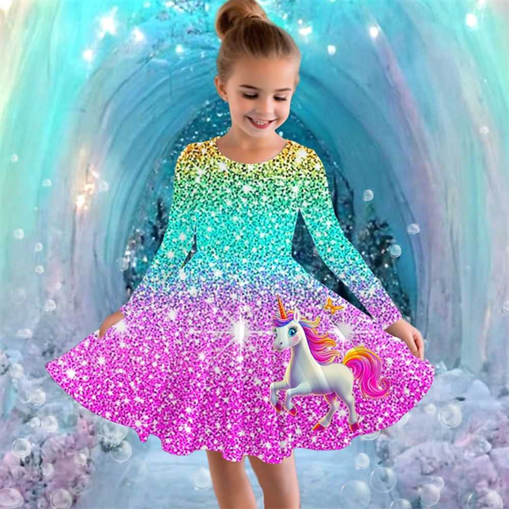 Mädchen' 3D Graphic Einhorn Kleid Langarm Sommer Frühling Urlaub Täglich Festtage Prinzessin Schön Süß kinderkleidung 4-12 Jahre Casual kleid A Linie Kleid Knielang Regular Fit Lightinthebox