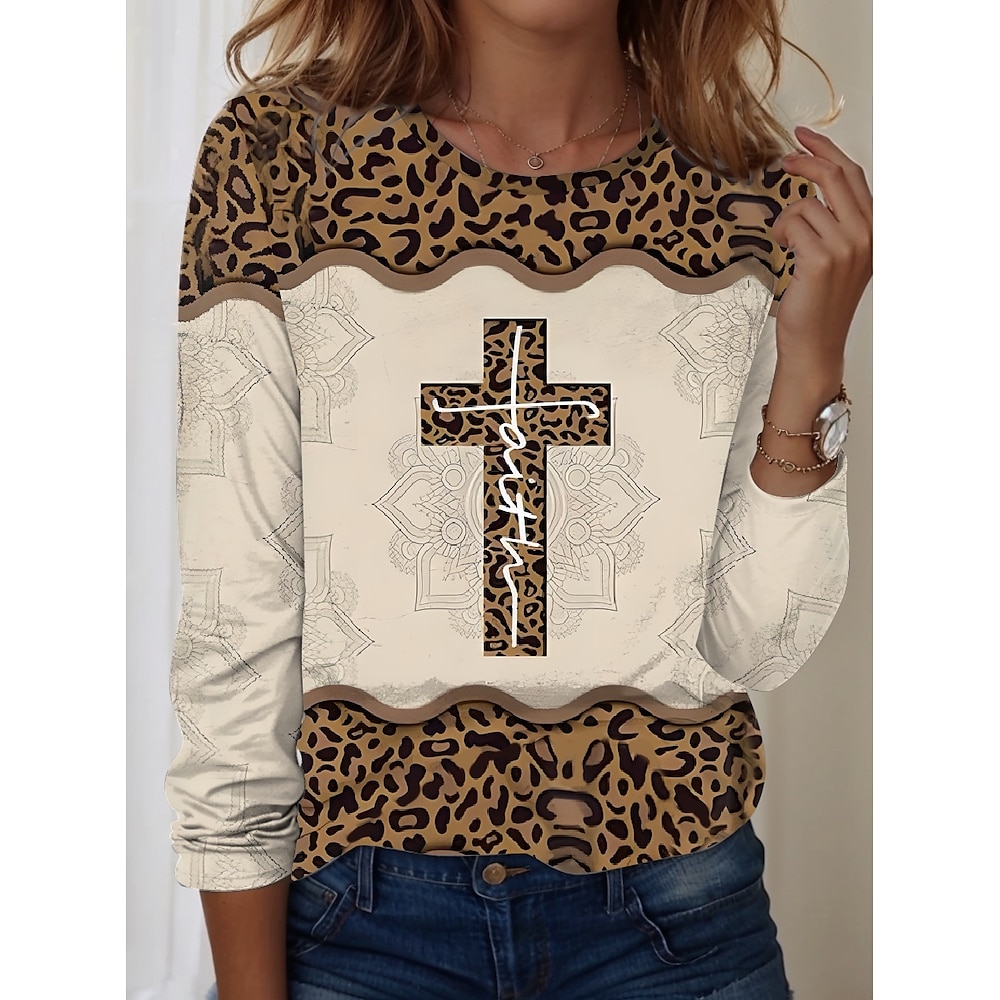 Damen T Shirt Brautkleider schlicht Leopard Kreuz Normale Oberteile Langarm Rundhalsausschnitt Bedruckt Regular Fit Täglich Khaki Frühling Herbst Lightinthebox