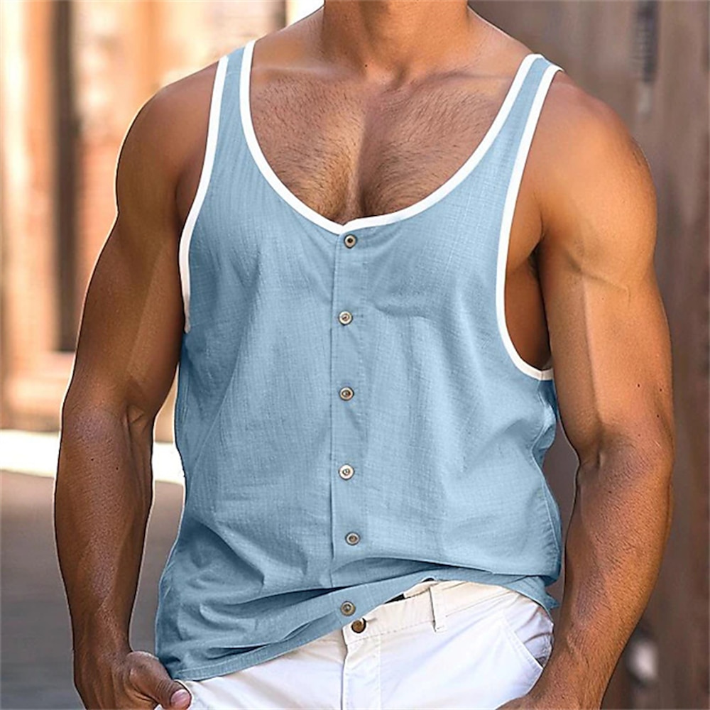 Herren Tank Top Shirt Unterhemden Ärmelloses Hemd Farbblock Rundhalsausschnitt Urlaub Strasse Ärmellos Knopf Bekleidung Polyester Modisch Designer Basic Lightinthebox