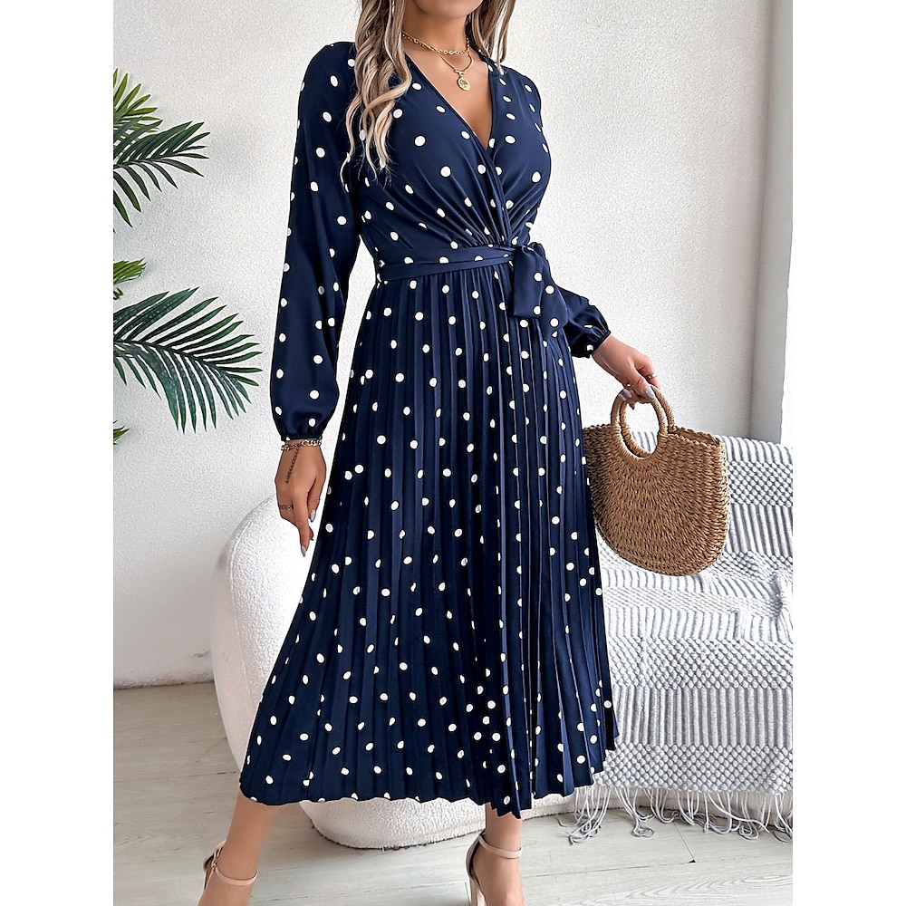 Damen Casual kleid A Linie Kleid Stilvoll Brautkleider schlicht Punkt Maxidress Langarm V Ausschnitt Vorne binden Bedruckt Regular Fit Urlaub Täglich Wein Marineblau Frühling Herbst Lightinthebox