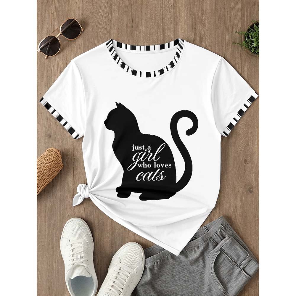 Damen T Shirt Brautkleider schlicht Tier Katze Buchstabe Normale Oberteile Kurzarm Rundhalsausschnitt Bedruckt Regular Fit Täglich Schwarz und weiss Sommer Frühling Lightinthebox