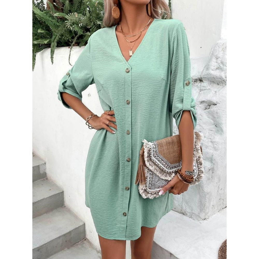 Damen Casual kleid Stilvoll Basic Brautkleider schlicht Glatt Minikleid 3/4 Ärmel V Ausschnitt Knopf Regular Fit Urlaub Täglich Grün Leicht Blau Sommer Frühling Lightinthebox