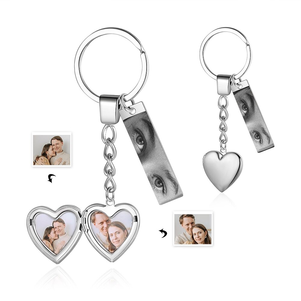 personalisierter Schlüsselanhänger mit Herz- und Rechteckanhängern - individueller Edelstahl mit 2 Fotos und Augenbild graviert - perfektes Valentinstagsgeschenk für Paare Lightinthebox