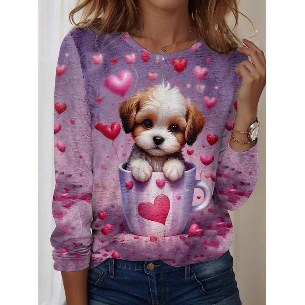 Damen T Shirt Brautkleider schlicht Valentinstag Hund Normale Oberteile Kurzarm Rundhalsausschnitt Bedruckt Regular Fit Täglich Purpur Sommer Lightinthebox