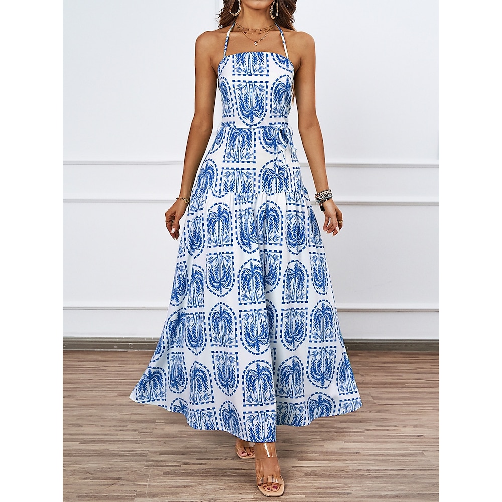 Damen Casual kleid Schaukelkleid Sommerkleid A Linie Kleid Tropisch Brautkleider schlicht Blumen Maxidress Ärmellos Halfterhals Rückenfrei Bedruckt Regular Fit Urlaub Täglich Strand Blau Braun Sommer Lightinthebox