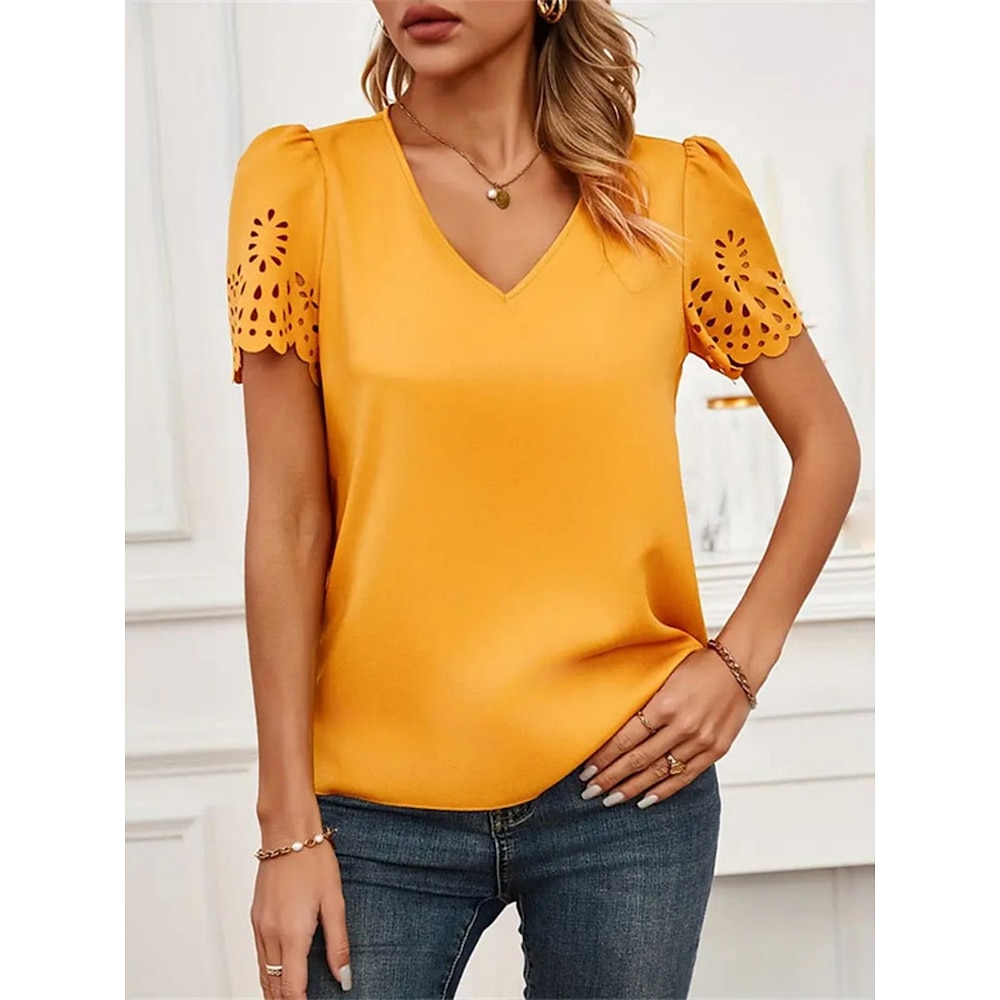 Damen T Shirt Modisch Modern Brautkleider schlicht Glatt Normale Oberteile Kurzarm V Ausschnitt Ausgeschnitten Regular Fit Täglich Wochenende Gelb Sommer Frühling Lightinthebox