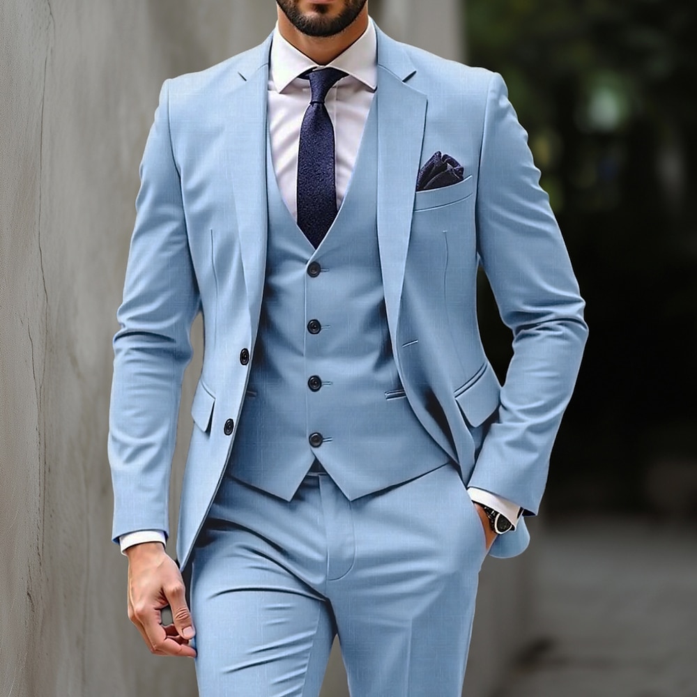 Himmelblau Herren Hochzeit Casual Anzüge Suits Einfarbig 3-teiliges Set Geschäftlich Ausgefallene Weite Passform Einreiher - 2 Knöpfe 2024 Lightinthebox