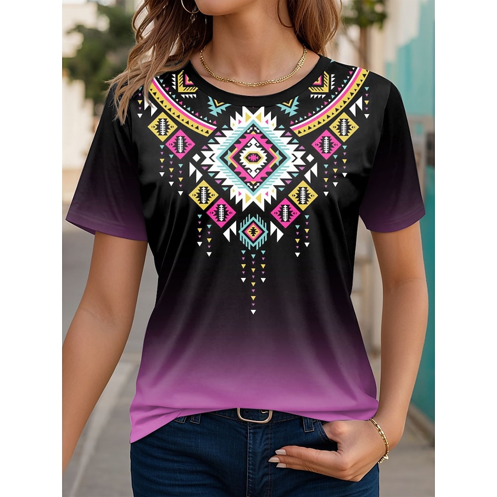 Damen T Shirt Vintage Ethnisch Brautkleider schlicht Geometrisch Normale Oberteile Kurzarm Rundhalsausschnitt Bedruckt Regular Fit Täglich Purpur Sommer Lightinthebox