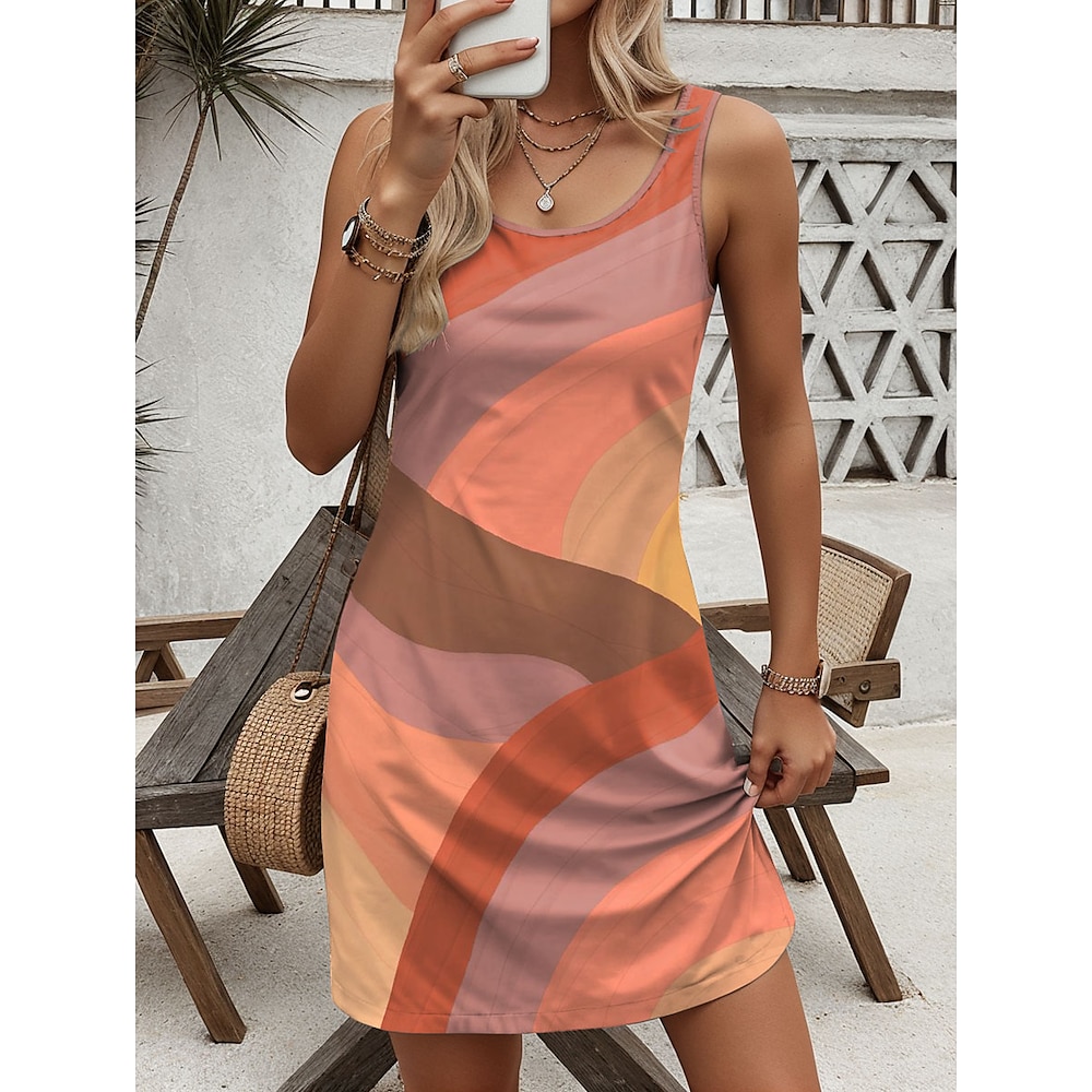 Damen A Linie Kleid Tank-Top Kleid Vintage Stilvoll Brautkleider schlicht Geometrisch Minikleid Ärmellos U-Ausschnitt Bedruckt Lockere Passform Täglich Braun Sommer Frühling Lightinthebox