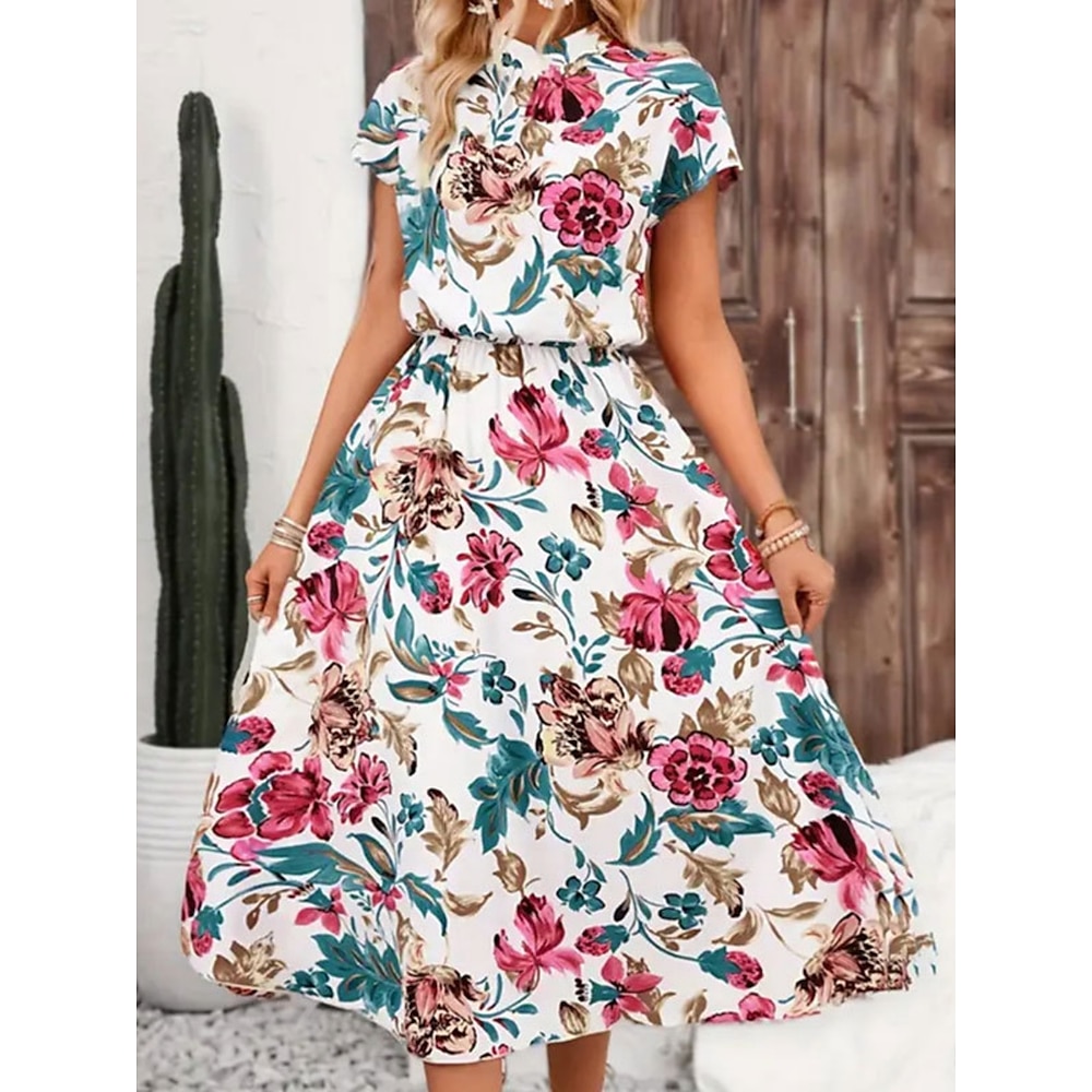 Damen Casual kleid Schaukelkleid A Linie Kleid Stilvoll Brautkleider schlicht Blumen Maxidress Kurzarm Ständer Bedruckt Regular Fit Urlaub Täglich Weiß Sommer Lightinthebox